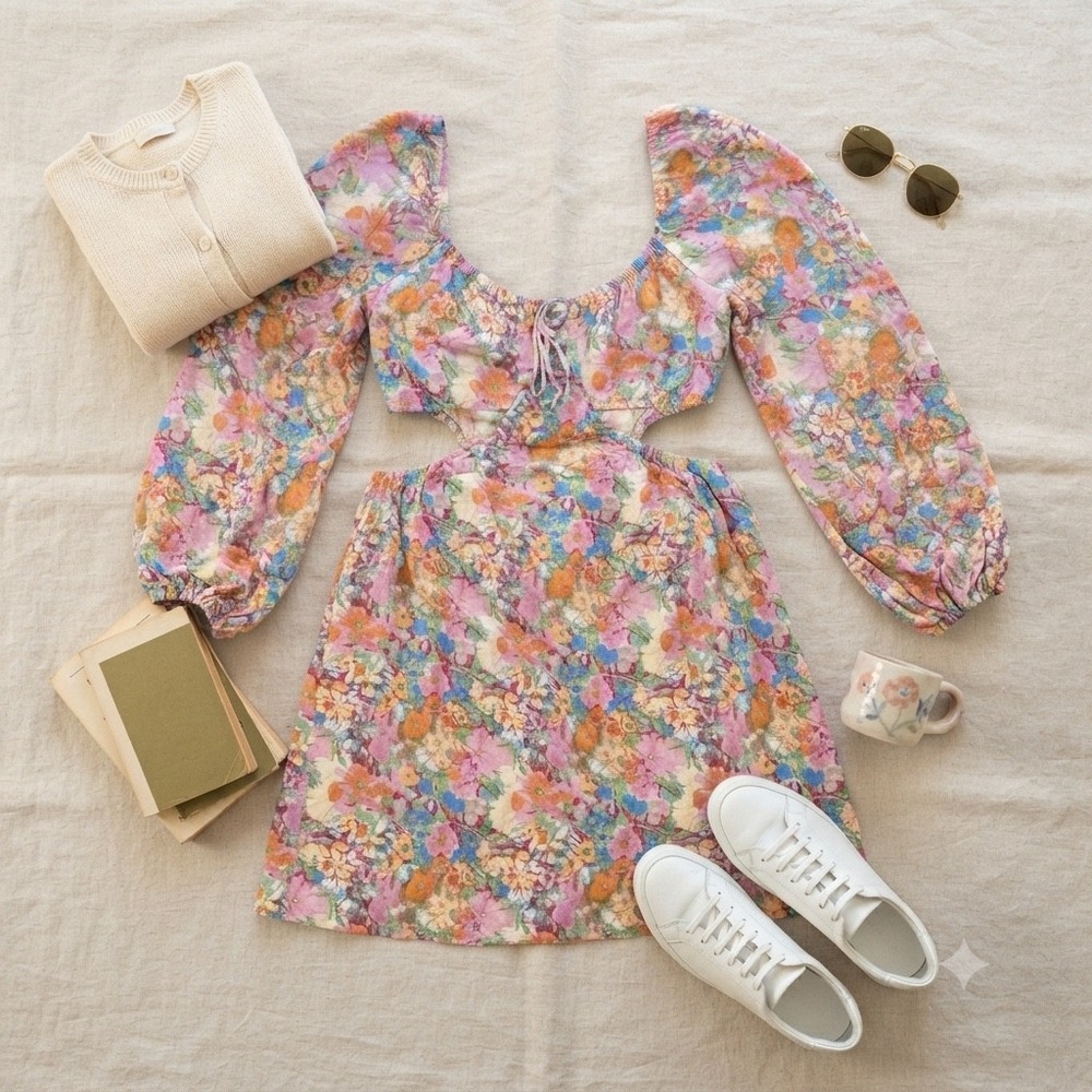 Wild Fable Floral‎ Cut-Out Mini Dress Pink Orange Blue Linen Blend Small